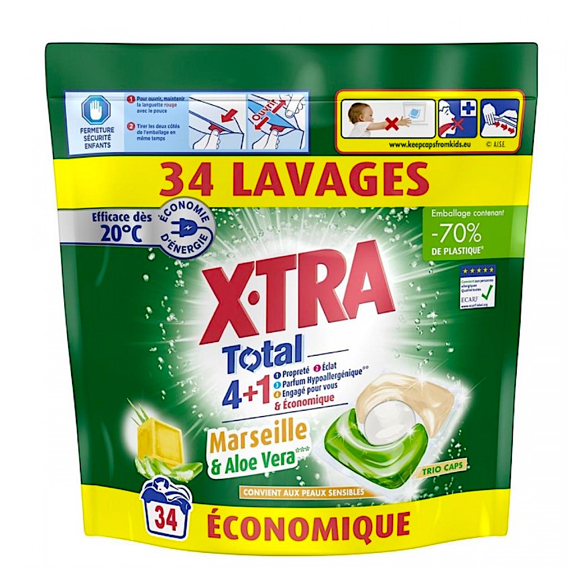 Kapsulas veļas mazgāšanai X-tra AR MARSEĻAS ziepēm UNIVERSĀLAS 34x (Francija)