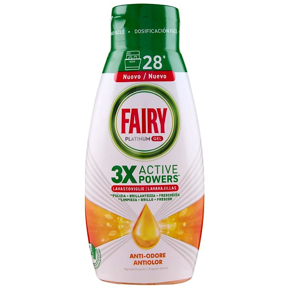 Trauku mazgāšanas gēls TRAUKU MAŠĪNAI Fairy Platinium 3XActive Power anti-odore 28x 504ml (Spānija)